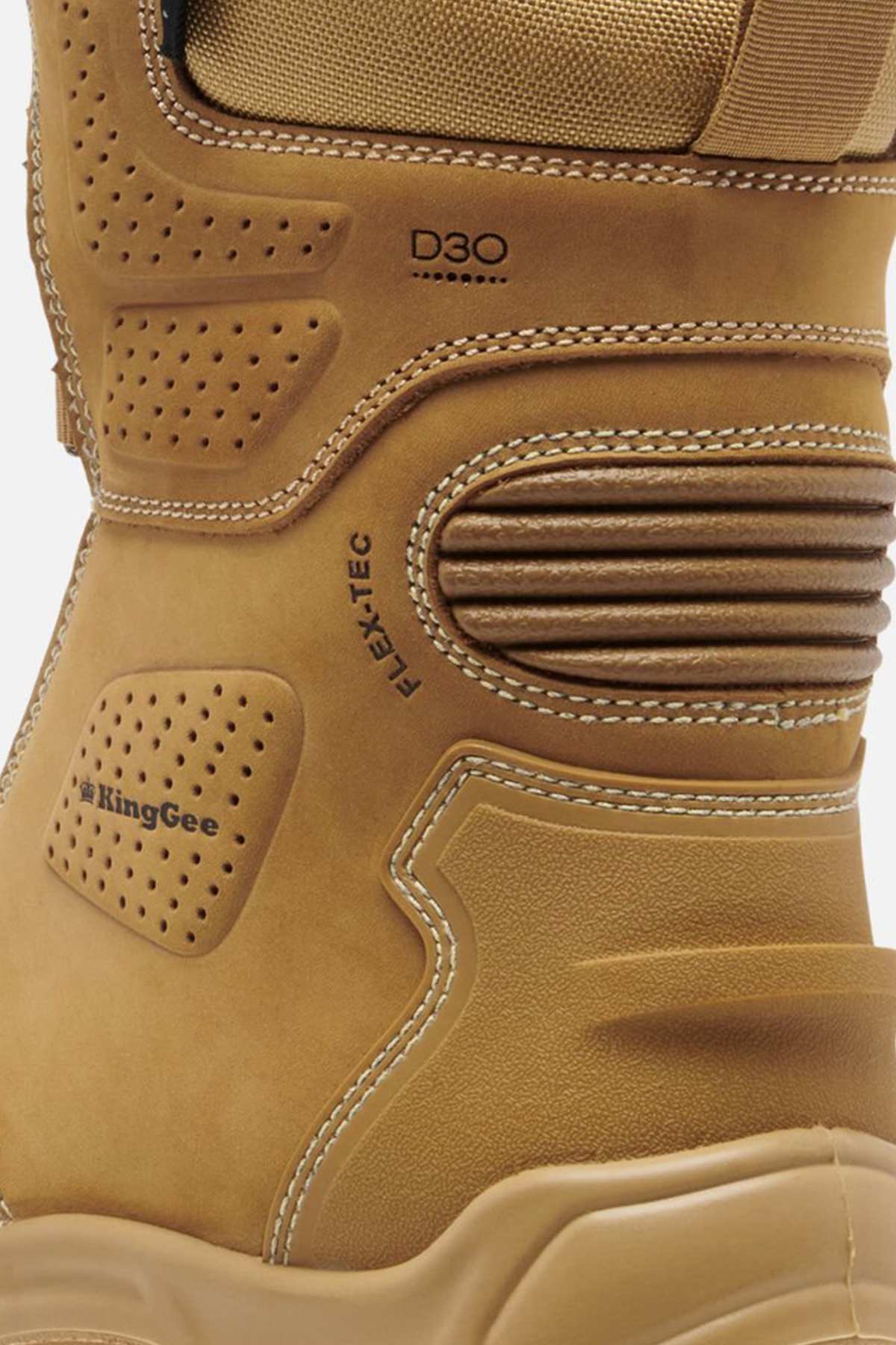 Close-up of the King Gee Bennu Pro 9 Work Boot in tan, highlighting detailed stitching, padded sections, embossed logos, a ribbed flex area, perforated designs for comfort and style, and a slip-resistant outsole for excellent grip on various surfaces.