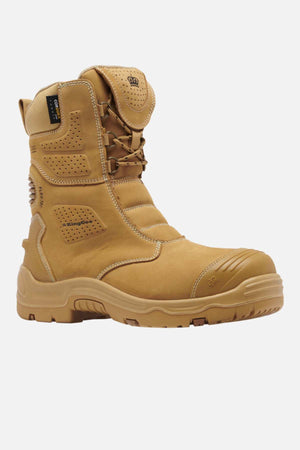 The King Gee Bennu Pro 9 Work Boot features a tan design, high ankle, thick sole, reinforced stitching, side pull-tab for easy wear, padded sides for comfort, steel toe protection, breathability perforations, and a slip-resistant outsole.