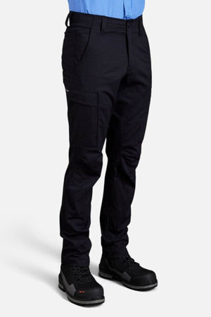 A person wearing King Gee Workcool Pro Stretch Cargo Pant in stretch ripstop fabric, paired with a light blue shirt and black work shoes, stands against a plain white background. The image is cropped from the waist down.
