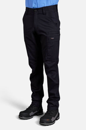 A person is shown from the waist down wearing King Gee Workcool Pro Stretch Cargo Pant in stretch ripstop fabric, paired with a light blue shirt and black work shoes, standing against a plain white background.