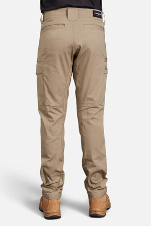 A person is shown from the back in King Gee Workcool Pro Stretch Cargo Pant and brown boots. The straight-fit pants, made from durable stretch ripstop fabric, feature multiple pockets. Background is white.