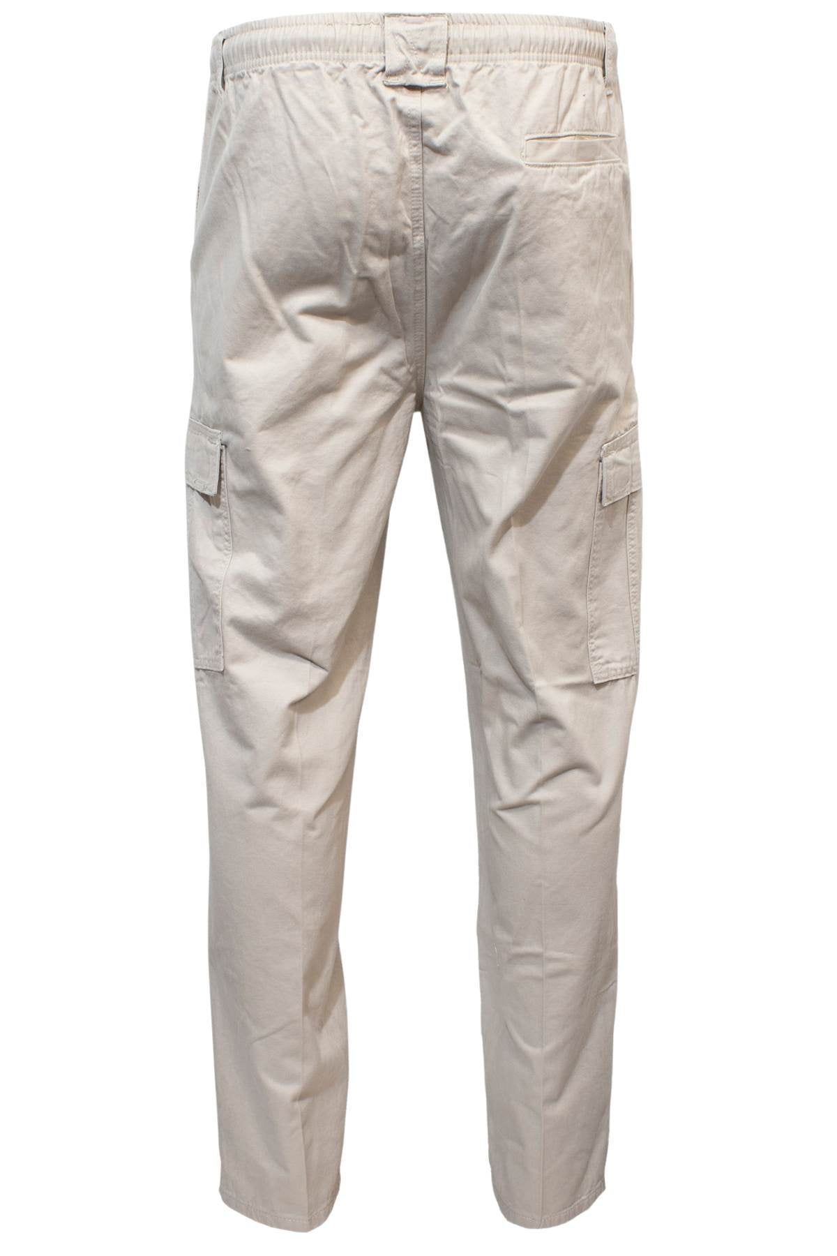 Back view of the Label One Traveller Cargo Pant in light beige, featuring a classic fit, elastic waist, two side cargo pockets, and a single back pocket.