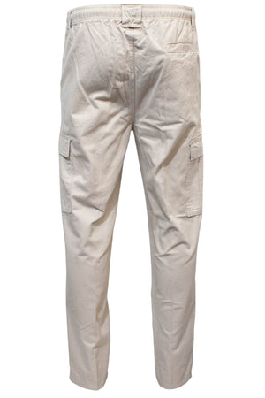 Back view of the Label One Traveller Cargo Pant in light beige, featuring a classic fit, elastic waist, two side cargo pockets, and a single back pocket.