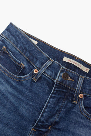 Close-up of Levis 312 Shaping Slim Jean shows stretch denim, waistband, belt loops, front pockets, button, zipper, and an inner label marked "312 SHAPING SLIM 27.