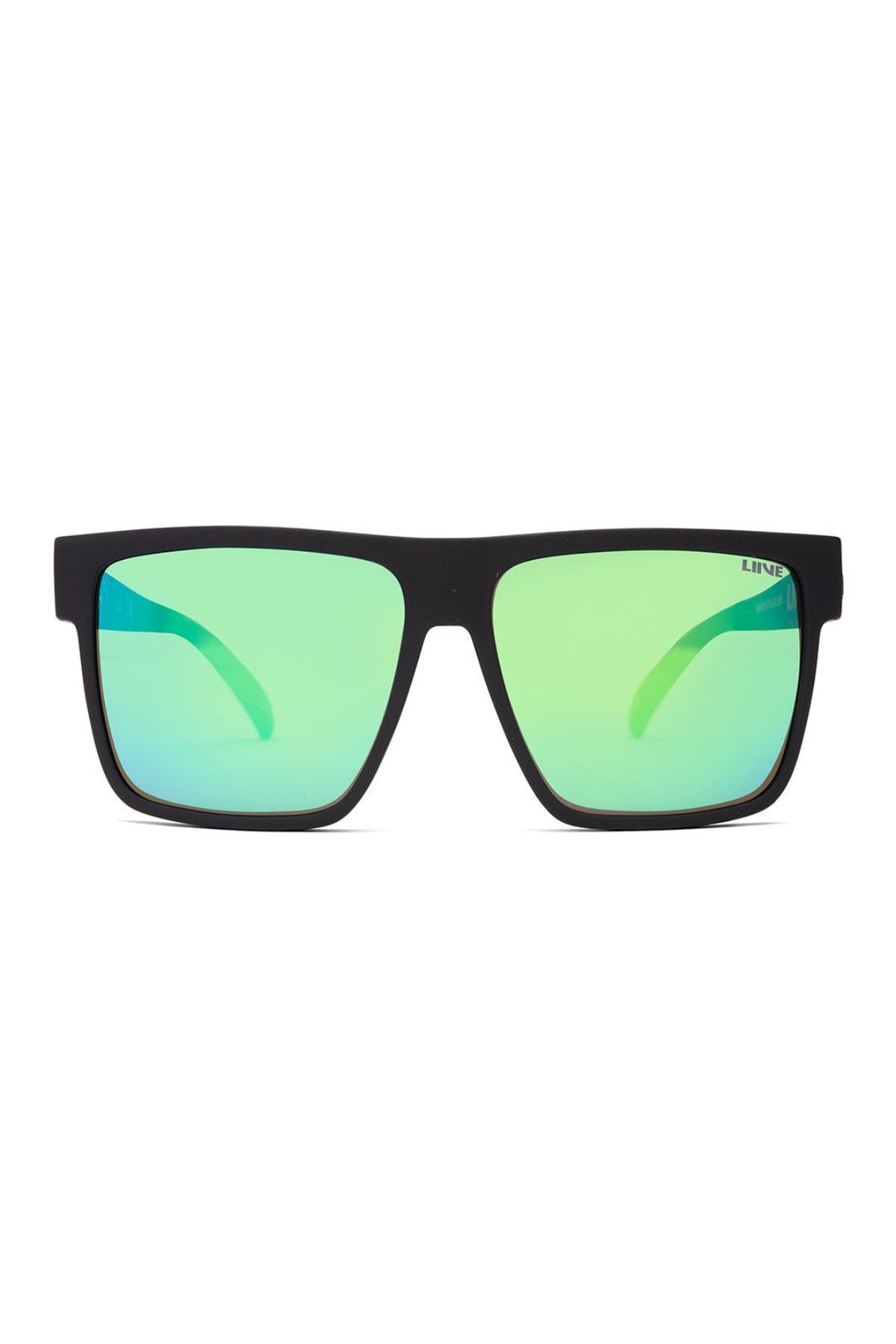 The Liive Brooksy Envy Mirror Polar Float sunglasses are black, rectangular, and lightweight polycarbonate shades with reflective green lenses, shown facing forward against a white background.