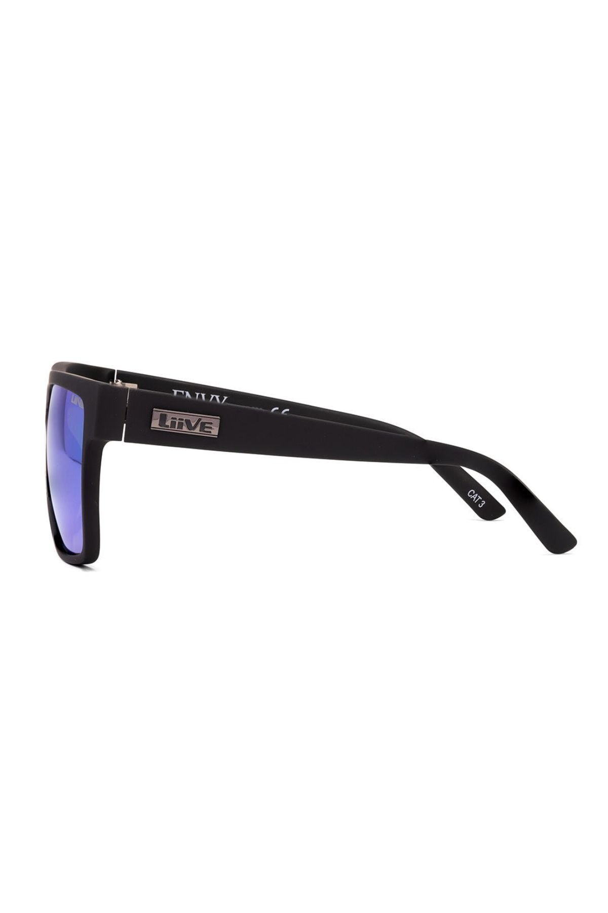 Side view of Liive Brooksy Envy Mirror Polar Float Sunglasses in black, featuring blue-tinted polarised lenses, a rectangular silver "LIVE" logo on the wide arm, and a modern lightweight polycarbonate frame.