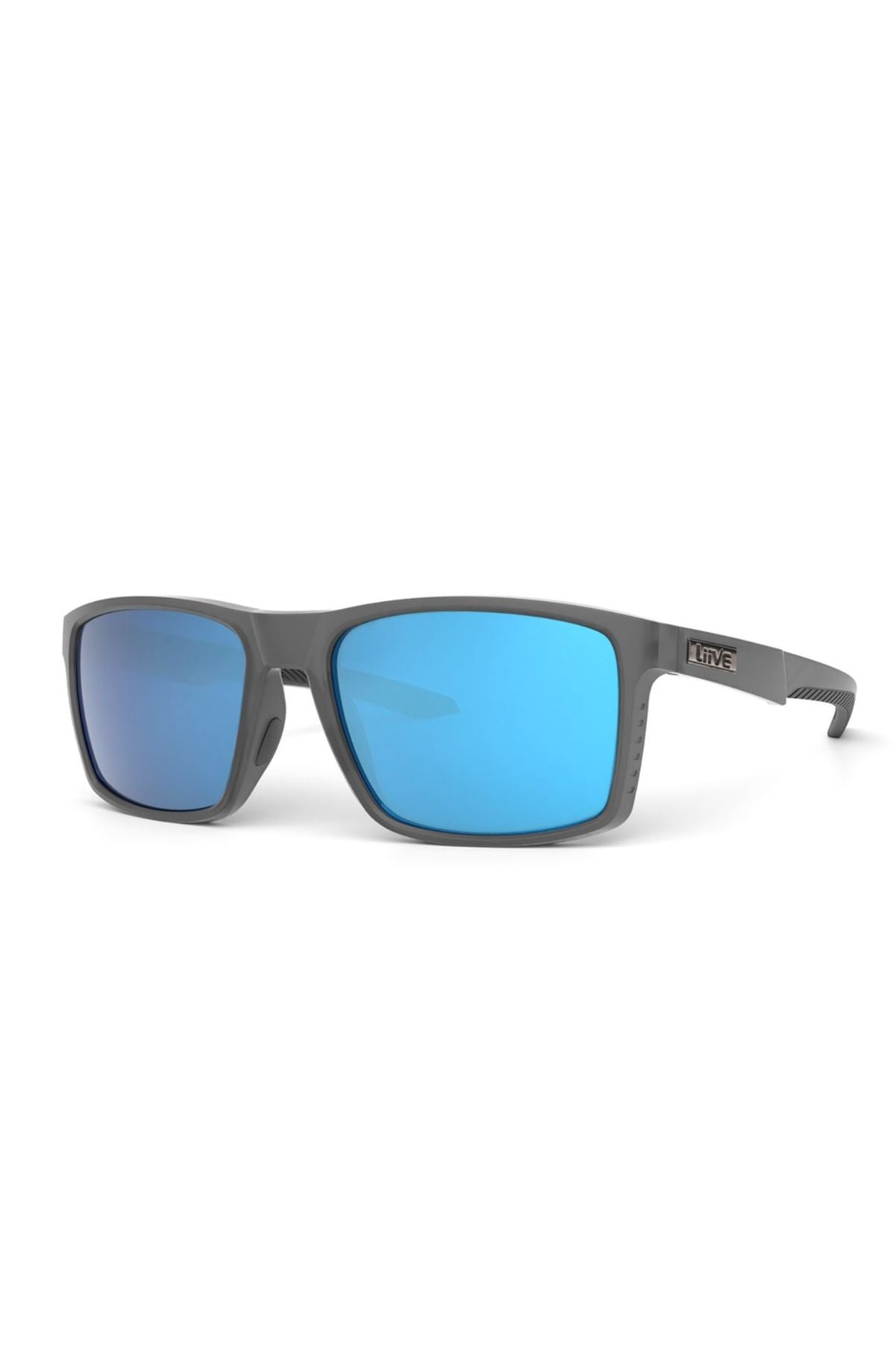 The Liive Carver Mirror Sunglasses feature a matte gray frame, rectangular blue polarized lenses, UV protection, a subtle logo on the temple, and a slightly curved design.