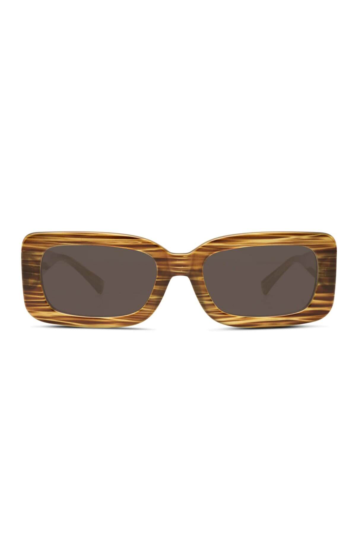 The Liive Crush Sunglasses feature a rectangular, thick amber and brown striped frame with dark, optically correct lenses, displayed on a white background.