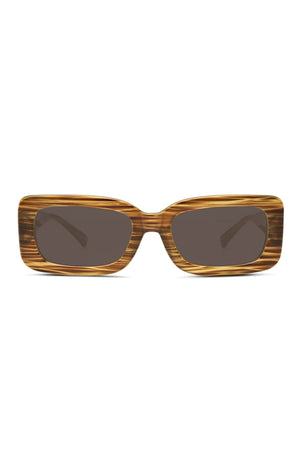 The Liive Crush Sunglasses feature a rectangular, thick amber and brown striped frame with dark, optically correct lenses, displayed on a white background.