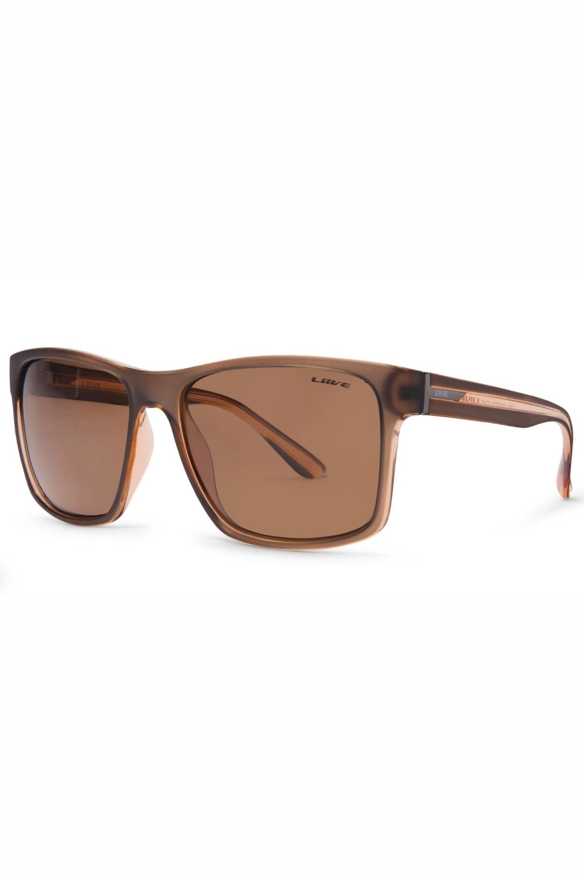 The Liive Kerrbox Polarised Sunglasses feature a brown rectangular design with a semi-transparent matte frame, matching brown-tinted lenses for UV protection, shown against a white background.