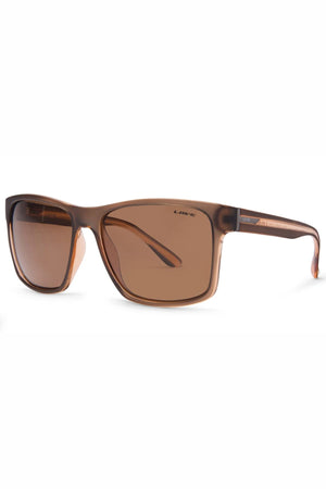 The Liive Kerrbox Polarised Sunglasses feature a brown rectangular design with a semi-transparent matte frame, matching brown-tinted lenses for UV protection, shown against a white background.
