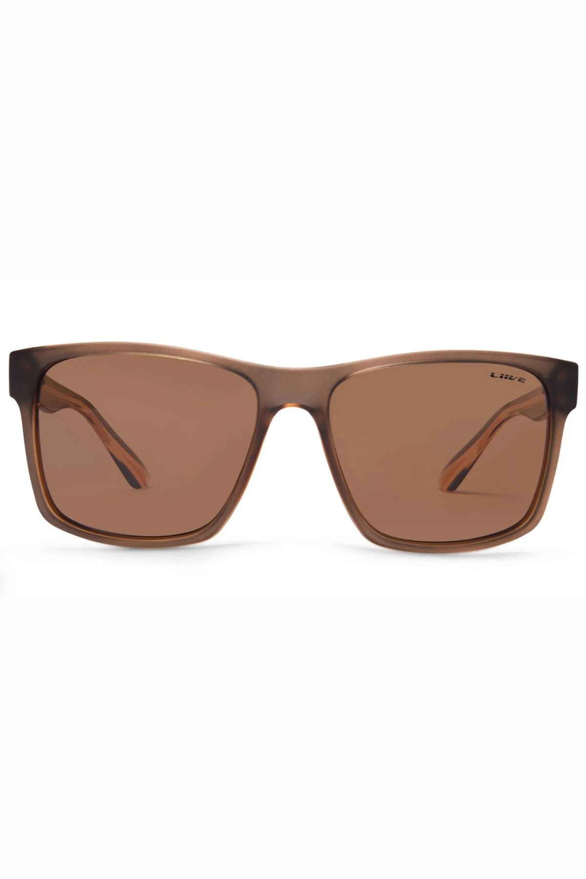 The Liive Kerrbox Polarised Sunglasses feature square, brown frames with matching brown lenses, thick design, and UV protection, displayed on a white background.