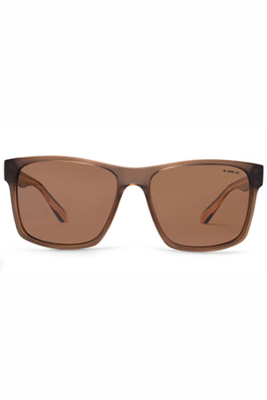 The Liive Kerrbox Polarised Sunglasses feature square, brown frames with matching brown lenses, thick design, and UV protection, displayed on a white background.