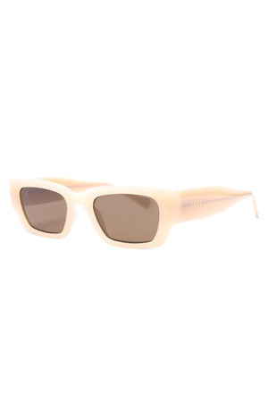 Liive LOBster Sunglasses have a bone-colored frame with thick, matte edges and brown lenses, elegantly shown on a white background.