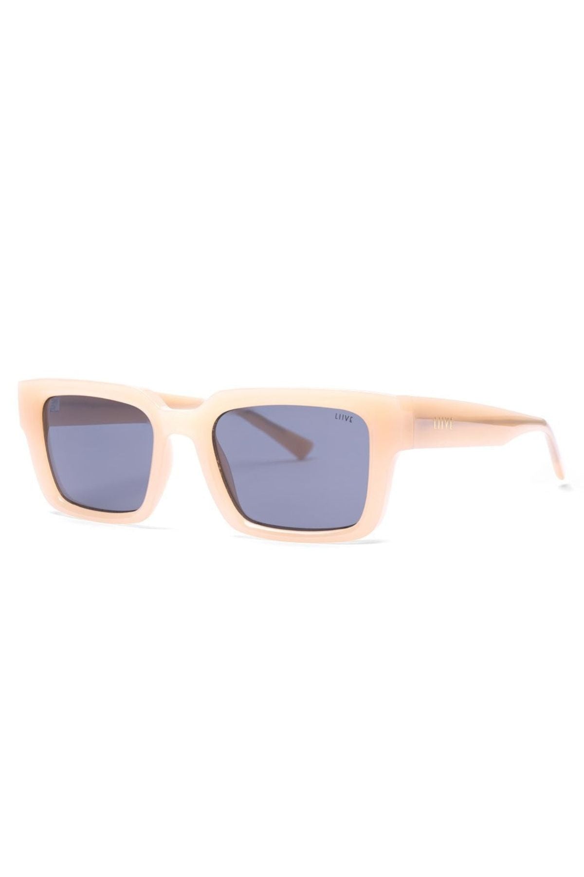 A pair of Liive Oney sunglasses, featuring vintage-inspired beige rectangular frames with a slightly glossy, chunky design and dark blue lenses, displayed against a plain white background. The right lens subtly inscribes the brand name in the upper corner and provides UV protection.