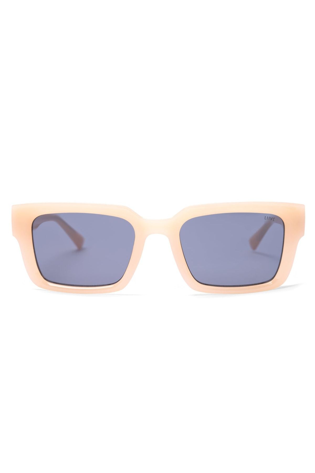 Rectangular Liive Oney sunglasses featuring light beige frames and dark blue lenses. The design is minimalistic and modern, showcasing slightly curved edges, straight arms, and a vintage-inspired flair. Enjoy both style and UV protection.