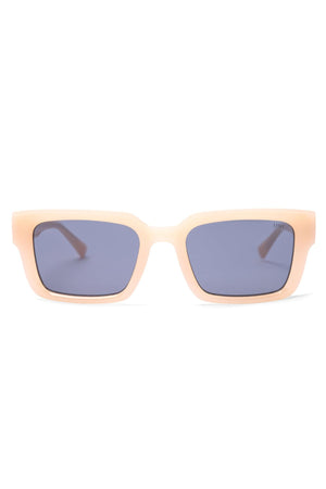 Rectangular Liive Oney sunglasses featuring light beige frames and dark blue lenses. The design is minimalistic and modern, showcasing slightly curved edges, straight arms, and a vintage-inspired flair. Enjoy both style and UV protection.