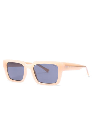 A pair of Liive Oney sunglasses, featuring vintage-inspired beige rectangular frames with a slightly glossy, chunky design and dark blue lenses, displayed against a plain white background. The right lens subtly inscribes the brand name in the upper corner and provides UV protection.