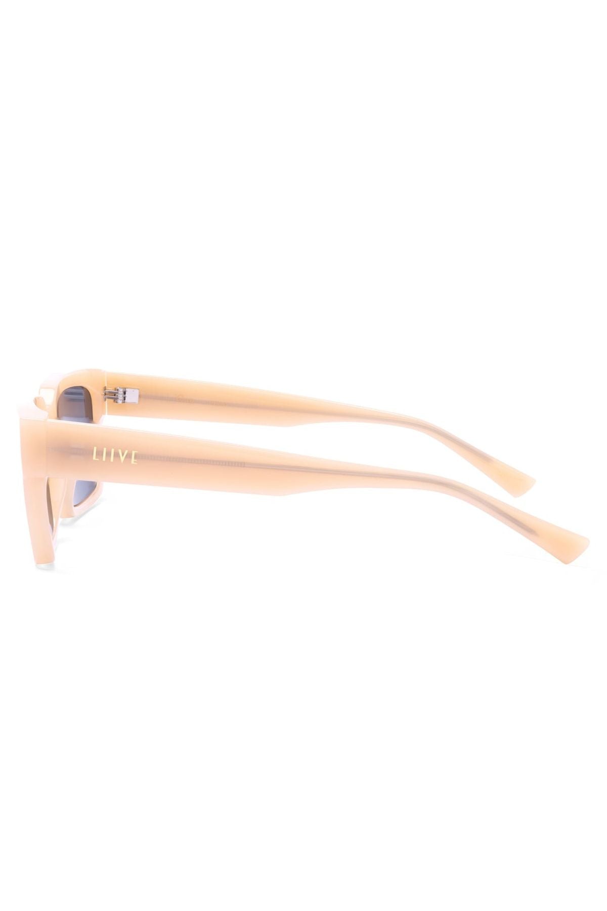 Side view of a pair of beige, vintage-inspired Liive Oney sunglasses with thick frames and light blue lenses. The brand name "HIVE" is printed on the arm near the hinge. Featuring UV protection, these sunglasses are set against a plain white background, highlighting their design and color.