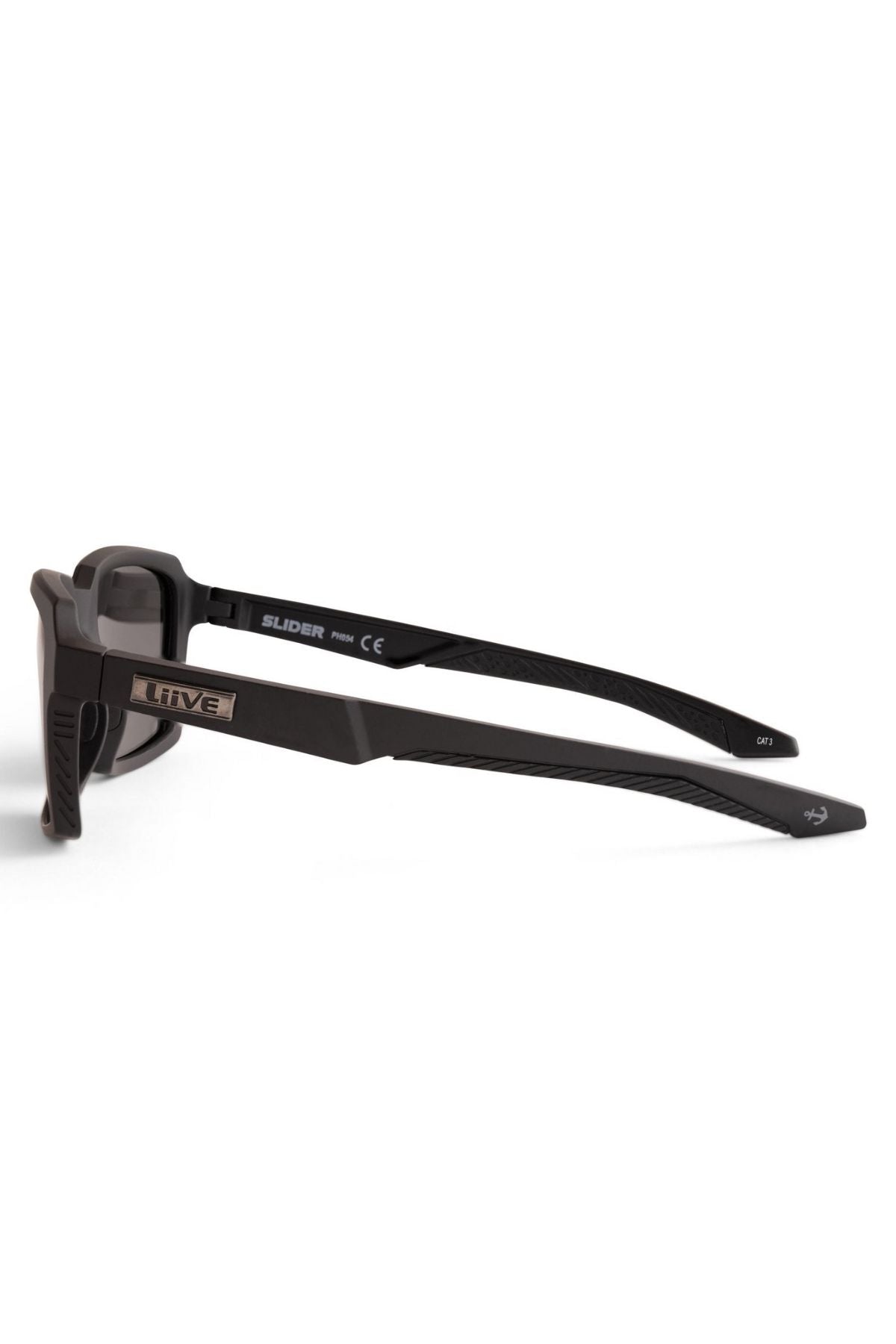 Side view of Liive Slider Polarised Sunglasses with black rectangular frames, textured arms, silver "LIV3" logo on the side, and "SLIDER" inside the left arm. Category 3 polarised lenses provide excellent UV protection.