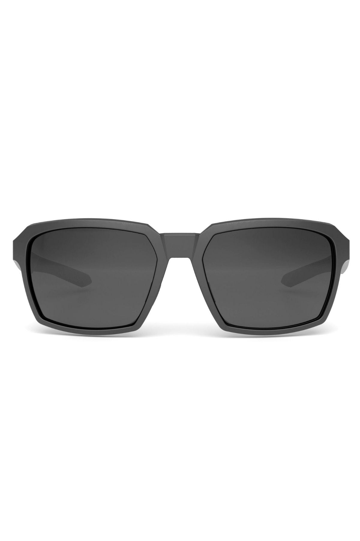 Liive Slider Polarised Sunglasses in matte black feature thick rectangular frames and dark Category 3 lenses for UV protection, displayed front-facing on a white background.