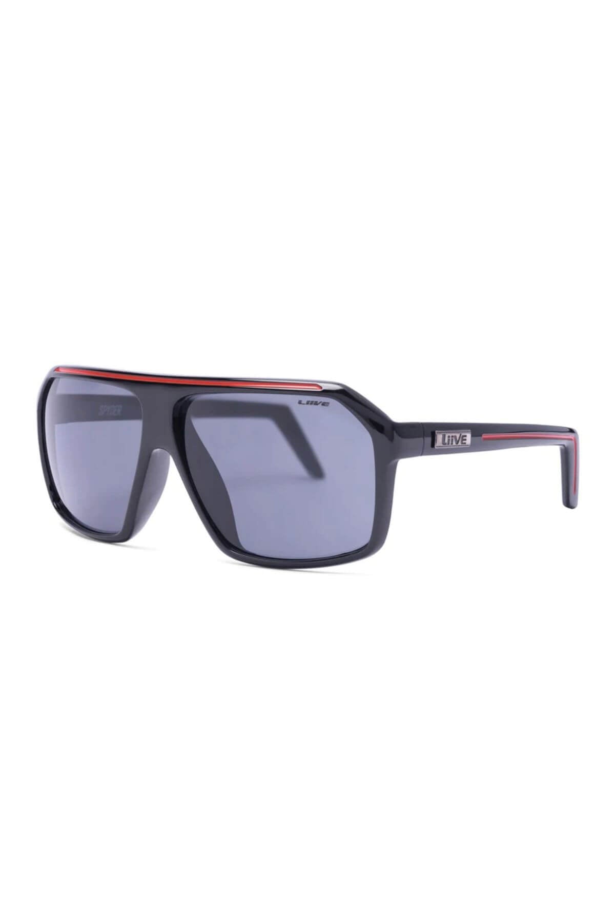 Black rectangular Liive Spyder Sunglasses with dark lenses and a red stripe on top. Crafted from durable polycarbonate for UV protection, they feature "LIVE" text near the hinges on a white background.