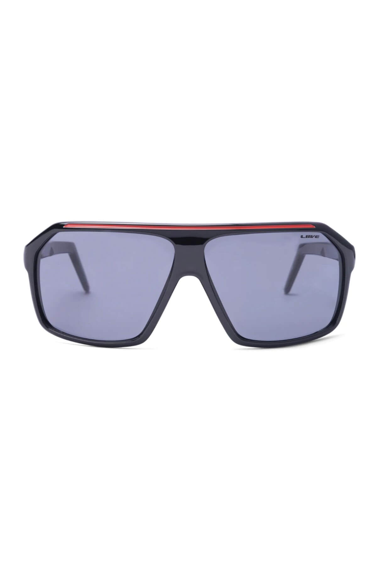 Discover the Liive Spyder Sunglasses, featuring a sleek black frame, angular design, and dark blue polycarbonate lenses for great UV protection. A subtle red stripe accents the top edge, complemented by straight temples for a modern look.