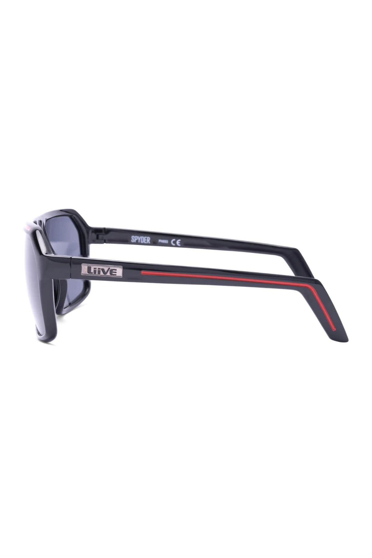 Side view of black Liive Spyder Sunglasses featuring red-accented arms. Made of durable polycarbonate, the arm sports "LIVE" on a silver plaque. Enjoy stylish design and superior UV protection with these standout shades.