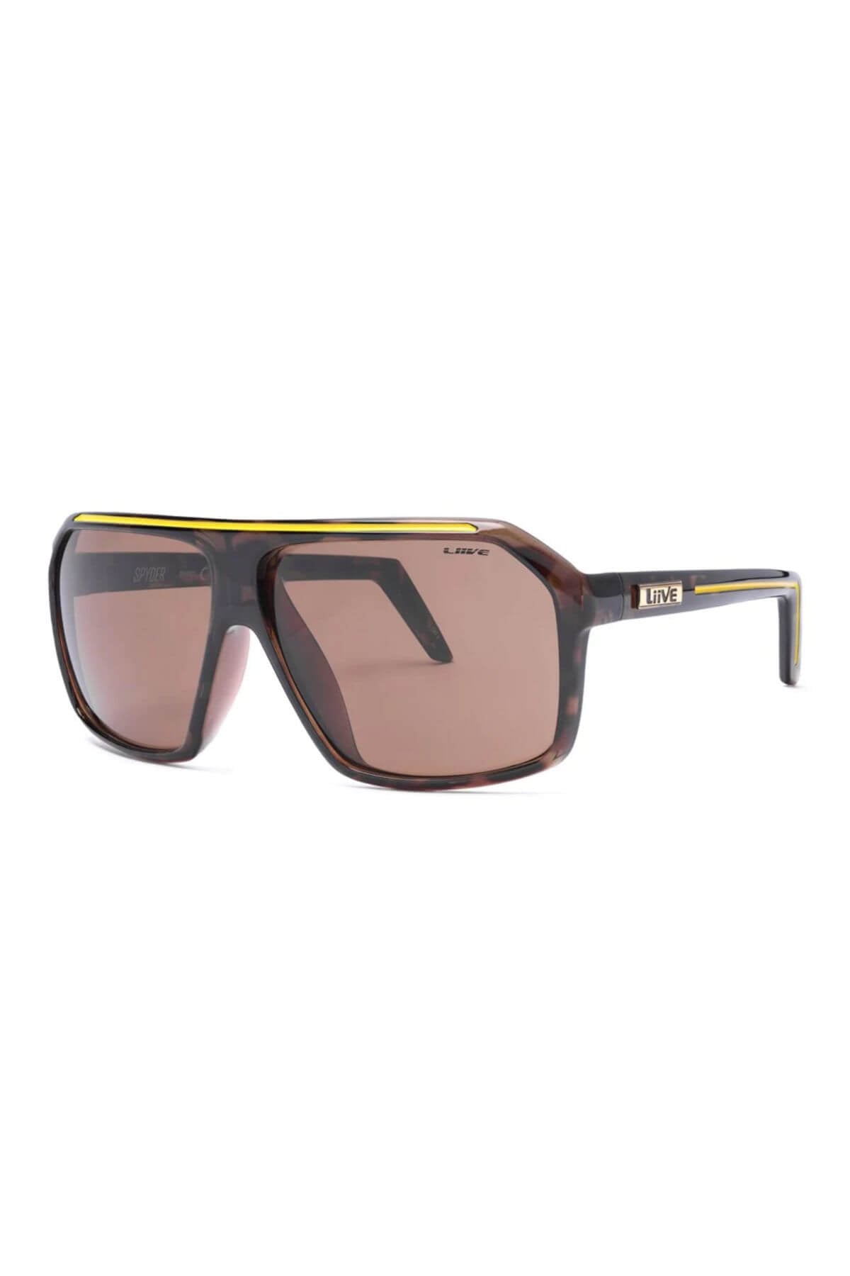 Liive Spyder Sunglasses feature a brown oversized polycarbonate frame with a tortoise-shell pattern, yellow top-edge accent, brown-tinted UV-protective lenses, and "LIVE" branding on the left temple near the hinge.