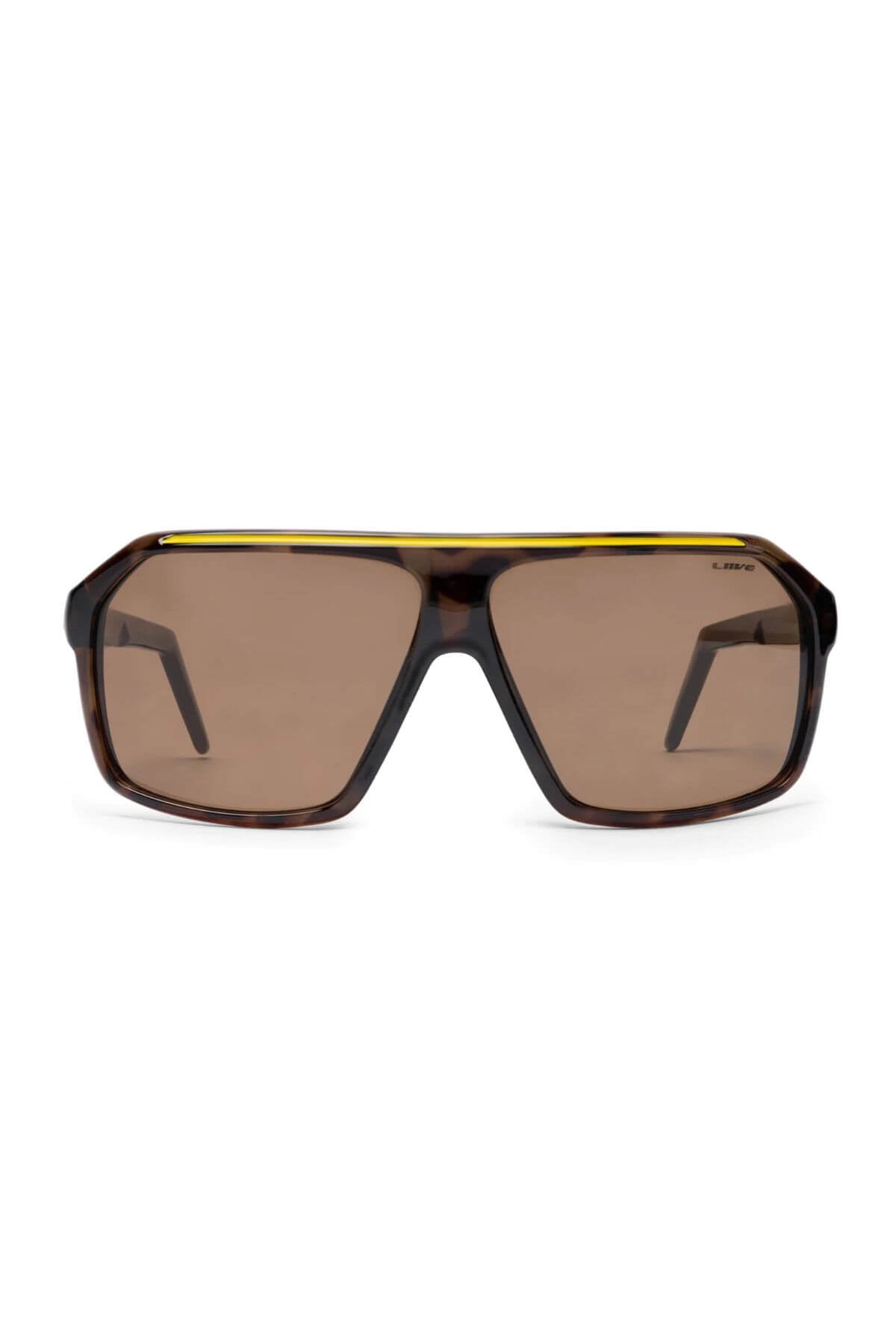 Liive Spyder Sunglasses are oversized and angular, featuring brown-tinted lenses, a dark tortoiseshell frame with a yellow top accent, and crafted from durable polycarbonate for UV protection.