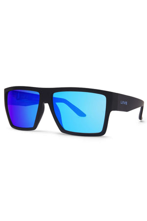 The Liive X Amp X Mirror Polarised Sunglasses feature a rectangular black frame, shatter-resistant reflective blue lenses, and “LIIVE” in white on the left arm, offering daily stylish eye protection. Shown on a white background.