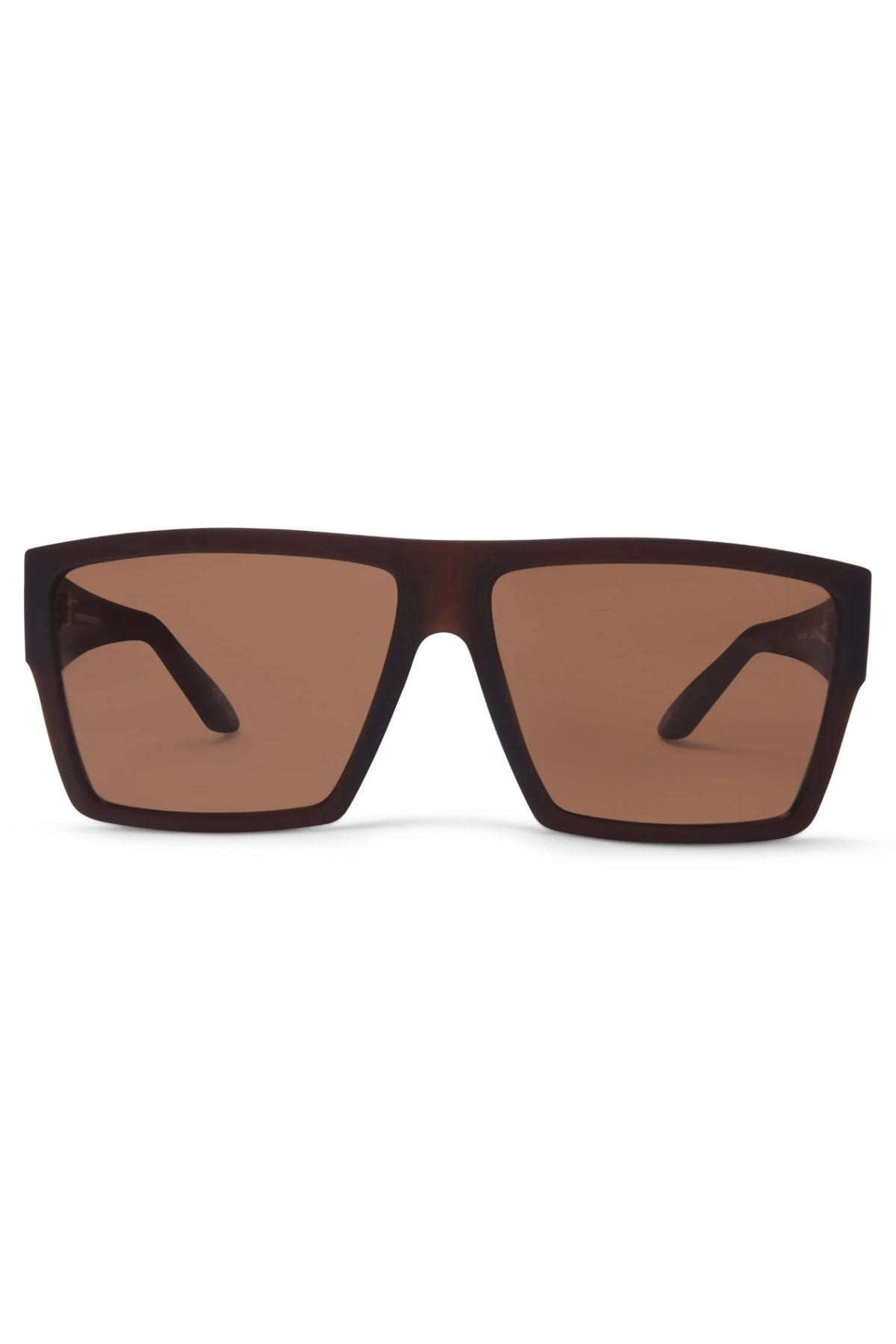 The Liive X Amp X Polarised Sunglasses feature an oversized rectangular design with dark brown polarised lenses and a thick matte dark brown frame, shown from the front.