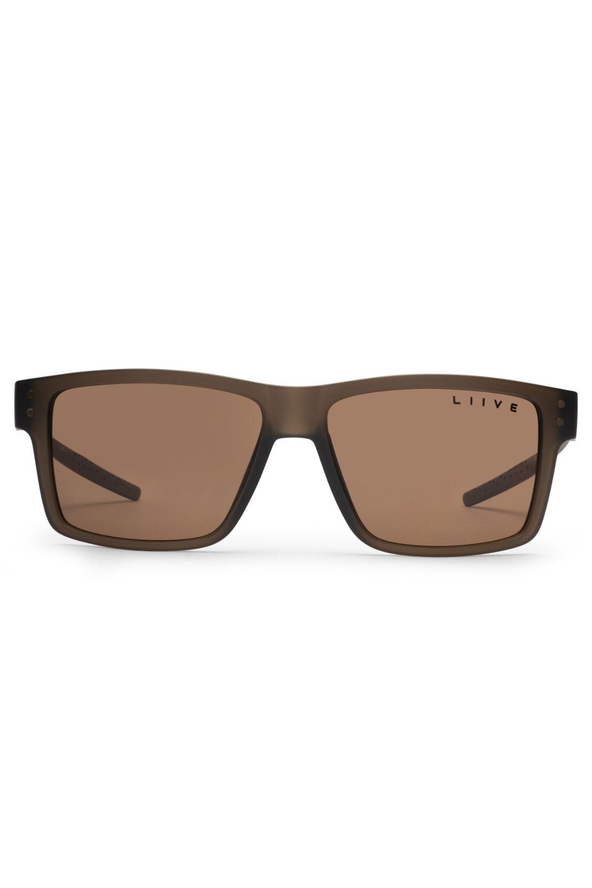 Front view of the Liive X Axis X Sunglasses featuring a matte rectangular brown frame, brown-tinted lenses, and the "LIIVE" brand name in the top corner of the right lens. A timeless design ideal for daily wear.