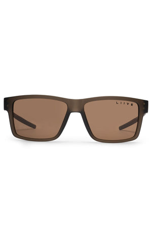 Front view of the Liive X Axis X Sunglasses featuring a matte rectangular brown frame, brown-tinted lenses, and the "LIIVE" brand name in the top corner of the right lens. A timeless design ideal for daily wear.