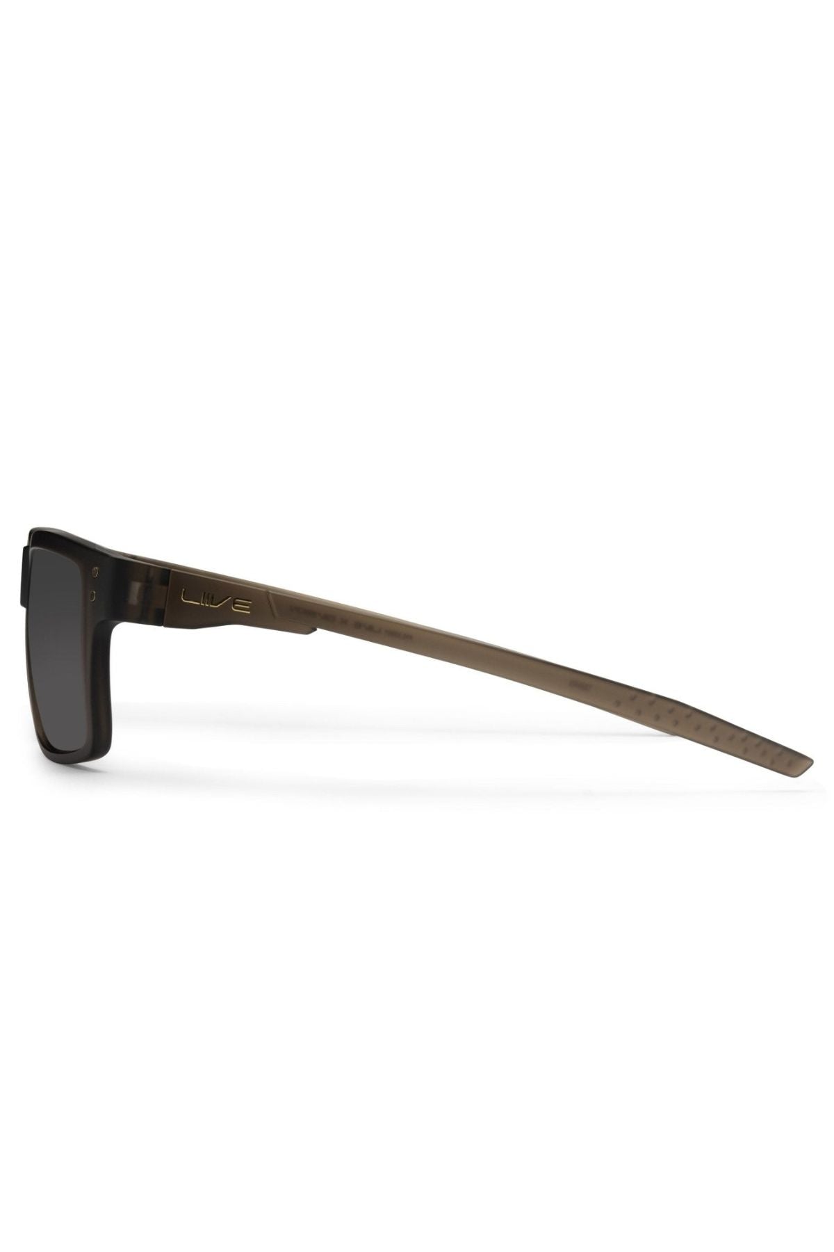 Side view of Liive X Axis X Sunglasses with dark rectangular lenses and slim, curved brown arms featuring a subtle engraved logo near the hinge—a timeless style ideal for daily wear.