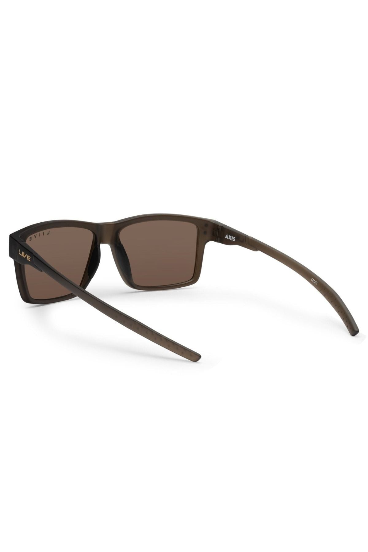 A pair of Liive X Axis X Sunglasses in brown, shown from the back to reveal the inside frame and one extended temple—an everyday essential with a timeless rectangular design.