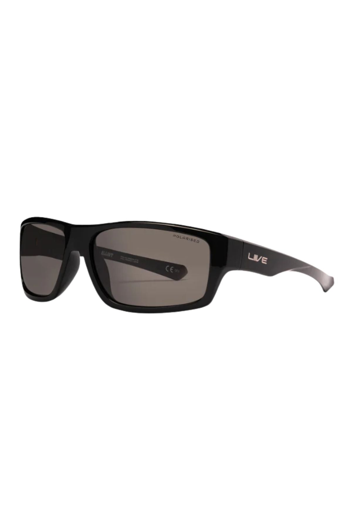 The Liive X Elliot X Polarised Sunglasses are black rectangular frames made from TR90 nylon, featuring dark tinted lenses and the "Liive" logo in white on the left arm.