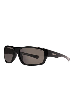 The Liive X Elliot X Polarised Sunglasses are black rectangular frames made from TR90 nylon, featuring dark tinted lenses and the "Liive" logo in white on the left arm.