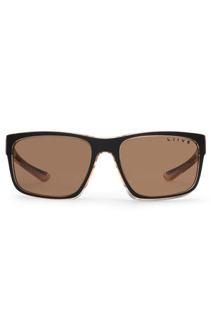 The Liive X Fairway X Sunglasses feature dark brown lenses, a black and brown frame, and UV protection. "LIIVE" is printed on the top right of the right lens, making them an ideal choice for casual eyewear.