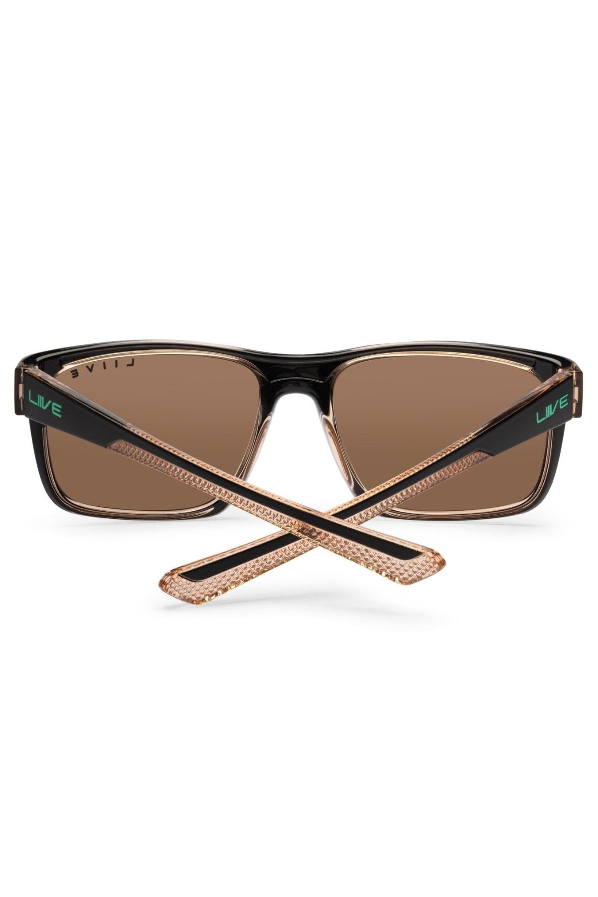 The Liive X Fairway X Sunglasses feature classic black frames, brown lenses, crossed temples, gold accents, UV protection, and “LIVE” in green on the side—perfect for casual everyday wear.