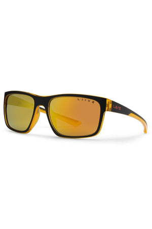 The Liive X Fairway X Sunglasses feature a black and yellow classic frame with rectangular orange-tinted mirrored lenses, LIIVE branding on the temples, curved arms for comfort, and provide UV protection.