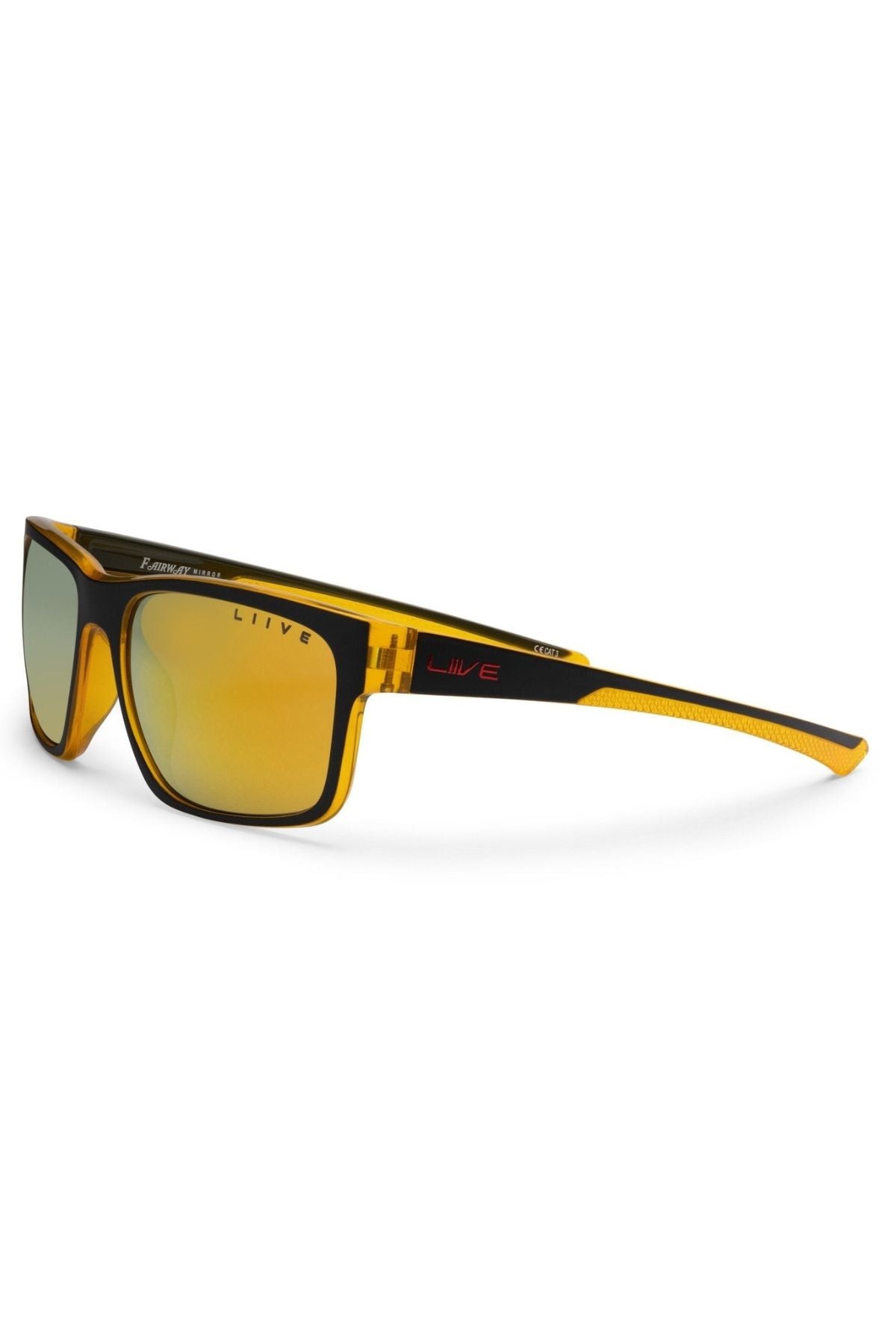 The Liive X Fairway X Sunglasses feature a yellow frame with black and red accents, reflective yellow lenses for UV protection, a classic rectangular design, and “Liive” branding on the temple.