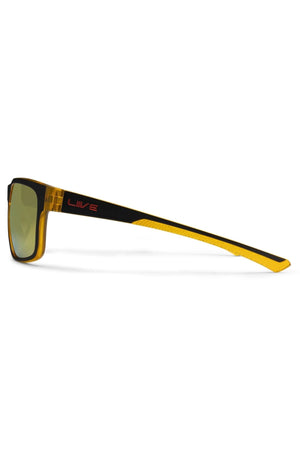 The Liive X Fairway X Sunglasses feature yellow-tinted frames and temples, black accents, green lenses, and the red "Liive" logo on the temple. Their sporty design offers modern style and UV protection.