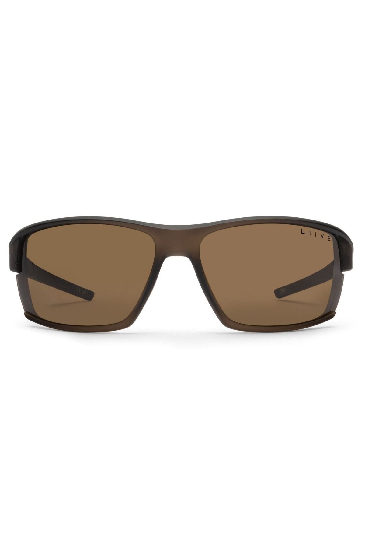 Front view of Liive X Ignite X Sunglasses with a brown wrap-style frame and brown-tinted lenses. "LIIVE" appears in small letters on the top right of the right lens, making them ideal for everyday wear.