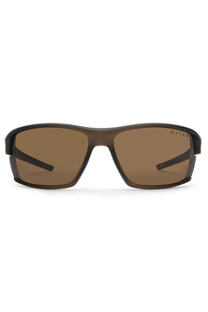 Front view of Liive X Ignite X Sunglasses with a brown wrap-style frame and brown-tinted lenses. "LIIVE" appears in small letters on the top right of the right lens, making them ideal for everyday wear.