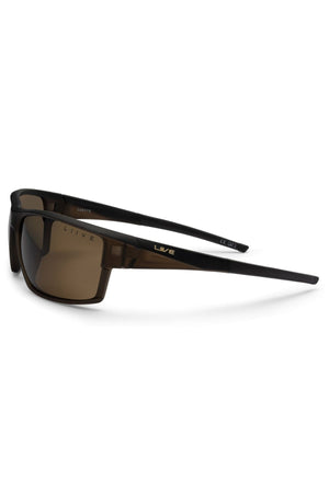 The Liive X Ignite X Sunglasses feature a sleek, modern wraparound design with dark brown rectangular lenses and thin arms, each side displaying the LIIVE brand name.