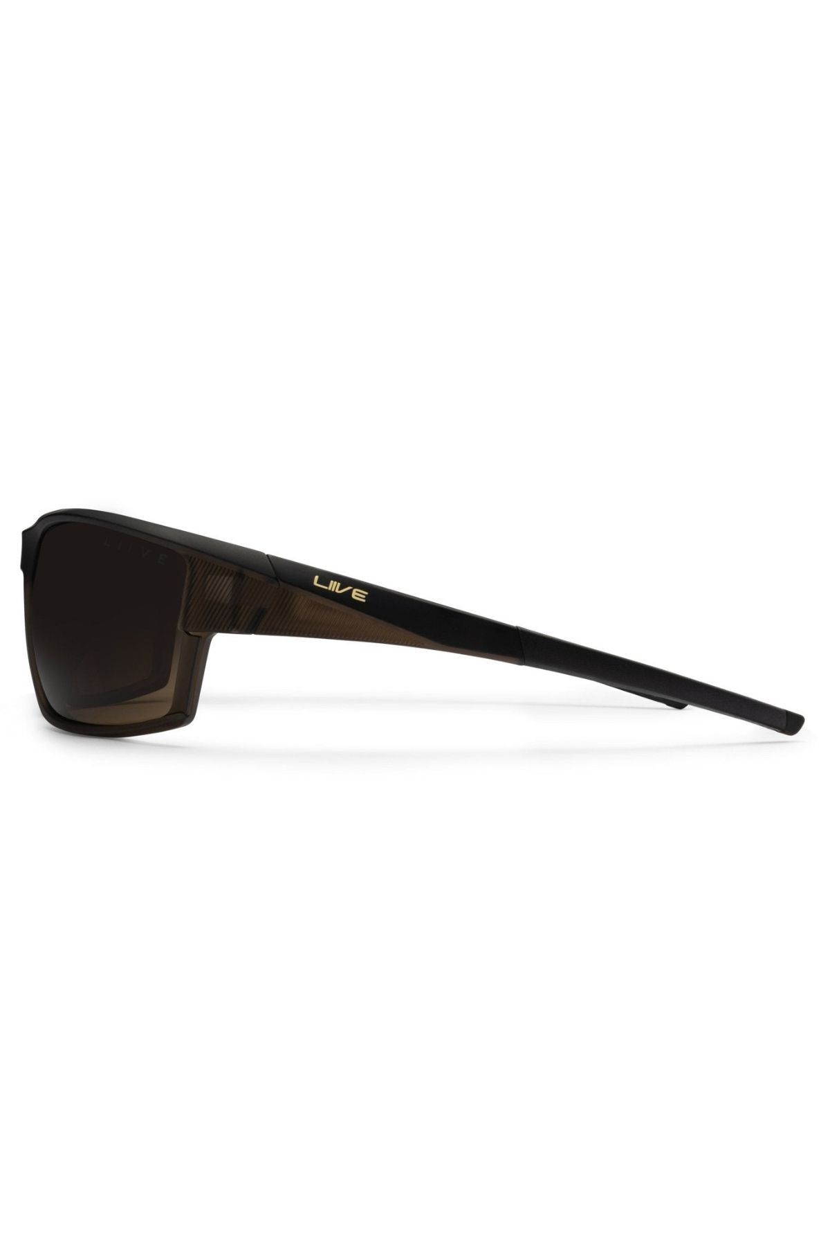 Side view of Liive X Ignite X Sunglasses, featuring a sleek black frame with rectangular lenses, thin arms, and "LIVEE" in gold on the temple. The dark, slightly tinted lenses complete the modern silhouette.