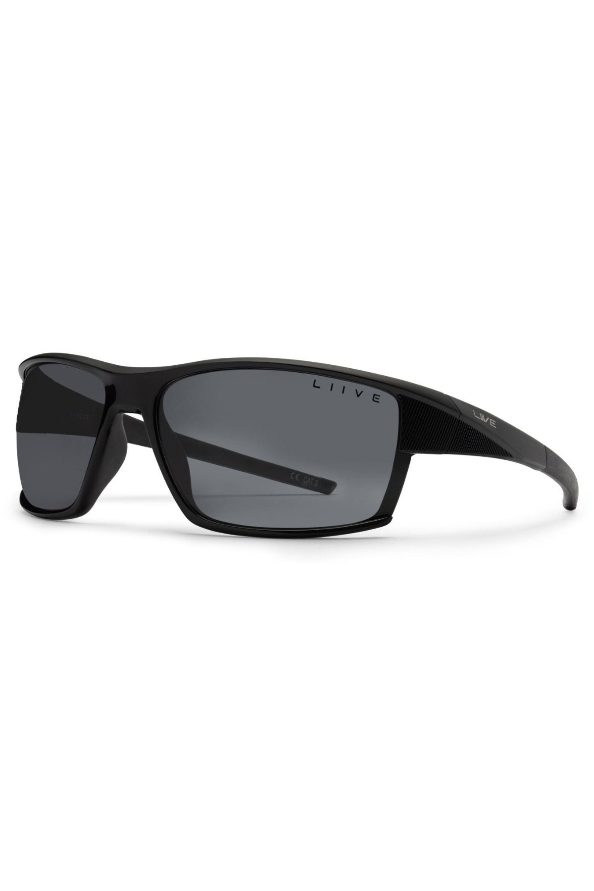 Liive X Ignite X Sunglasses feature a modern black wrap-style frame, dark polarized lenses, and "LIIVE" branding on the right lens and left arm, shown against a crisp white background.