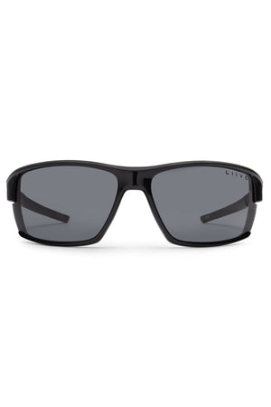 Front view of Liive X Ignite X Sunglasses featuring a sleek black wraparound frame, dark tinted lenses, and a sporty modern silhouette with the "Liive" logo on the right arm.