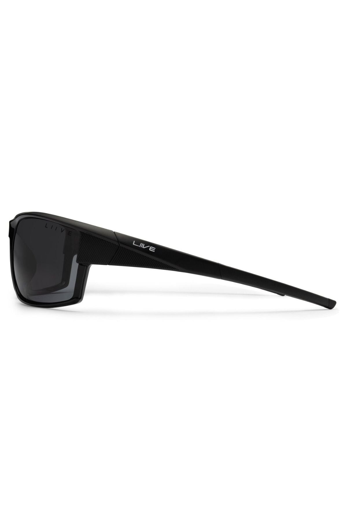 Side view of Liive X Ignite X Sunglasses featuring a black wrap-style frame, dark lenses, modern silhouette, and "Liive" branding on the temple.